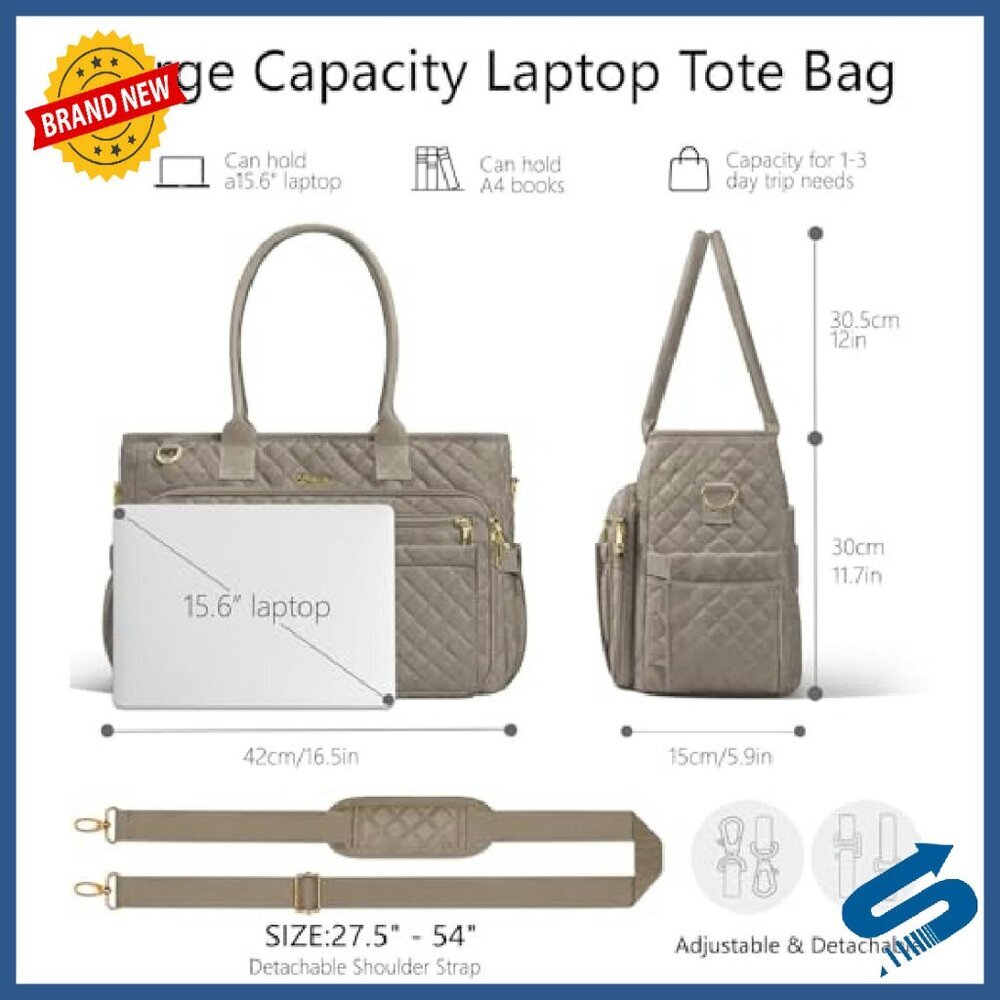 15.6" Laptop Tote Bag - Quilted Work Bag with Padded Sleeve & Multiple Pockets - Picture 4 of 8